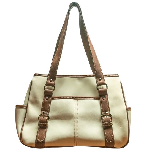 Medium White Brown Purse Shoulder Satchel Bag Vintage Roomy 3 Compartments - Picture 1 of 6